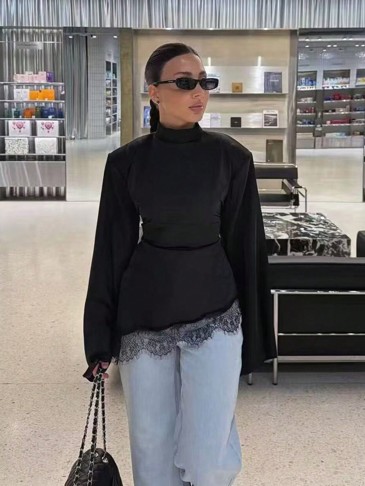 [WHOLESALE ONLY - CONTACT TO ORDER] Women's Cotton Blend Mock Neck Asymmetrical Eyelash Lace Trim Blouse with Flared Bell Sleeves (Noir Black) [AW-471]
