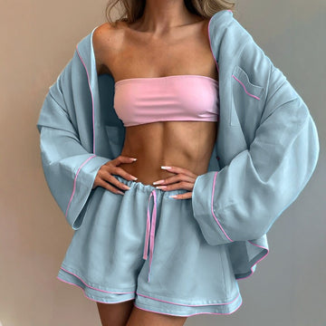 [WHOLESALE ONLY - CONTACT TO ORDER] Women's Cotton Blend 2-Piece Oversized Notch-Lapel Shirt & Double-Hem Shorts Pajama Set (Pastel Blue/Pink) [AW-548]