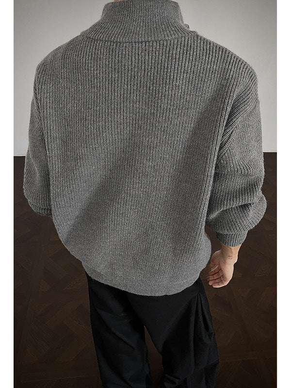 [WHOLESALE ONLY - CONTACT TO ORDER] Unisex Relaxed Fit Heavyweight Chunky Rib-Knit Mock Neck Two-Way Zip Cardigan Jacket (Medium Grey) [AW-297]
