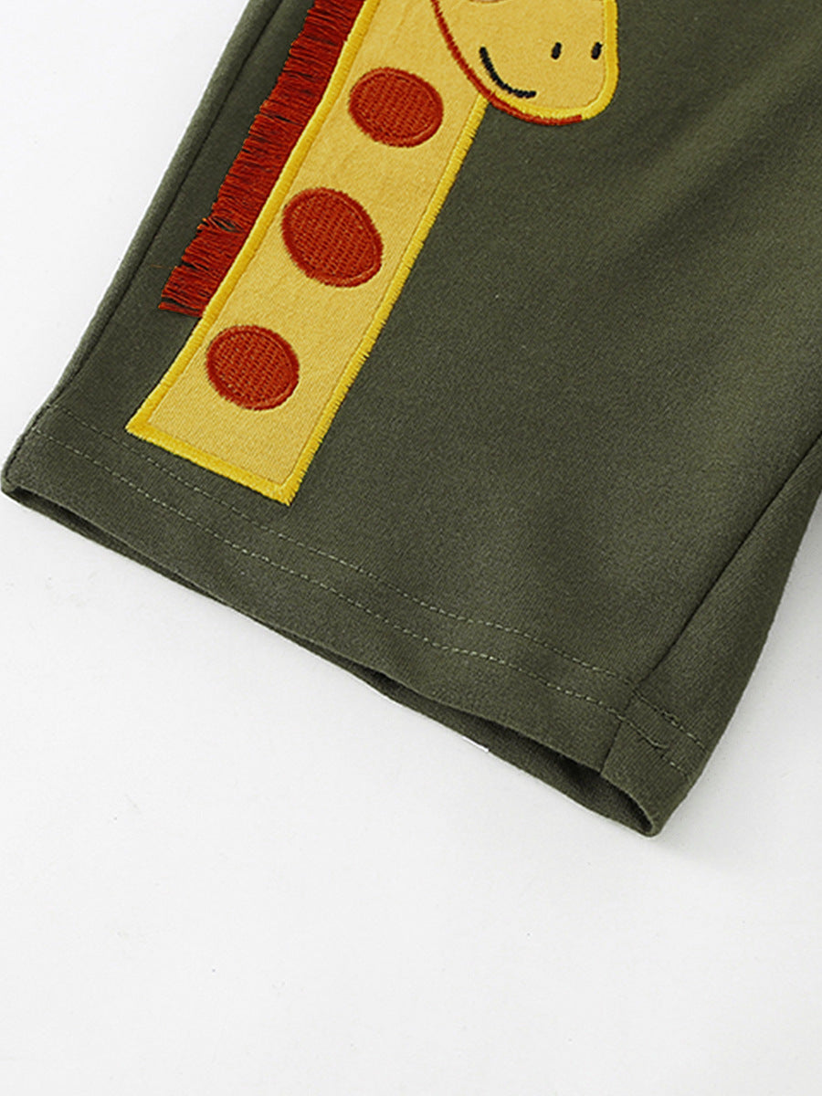 [WHOLESALE ONLY - CONTACT TO ORDER] Toddler & Boys Cotton French Terry 3D Giraffe Appliqué Casual Shorts (Army Green) [KW-252]