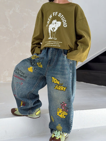 [WHOLESALE ONLY - CONTACT TO ORDER] Kids Unisex Baggy 85% Cotton Heavyweight Cartoon Graffiti Wide-Leg Denim Jeans (Washed Indigo Blue) [KW-224]