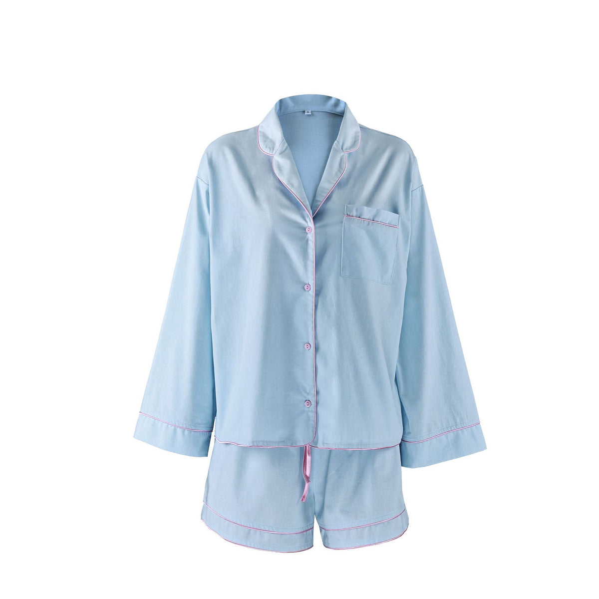 [WHOLESALE ONLY - CONTACT TO ORDER] Women's Cotton Blend 2-Piece Oversized Notch-Lapel Shirt & Double-Hem Shorts Pajama Set (Pastel Blue/Pink) [AW-548]