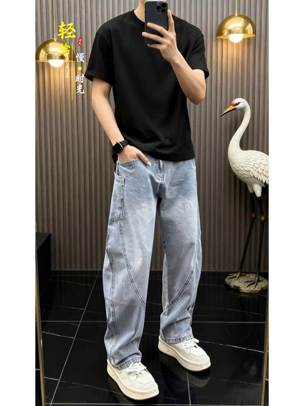 [WHOLESALE ONLY - CONTACT TO ORDER] Men's Heavyweight 100% Cotton Loose Fit Spiral Seam Wide-Leg Jeans (Light Bleach Wash) [AW-482]