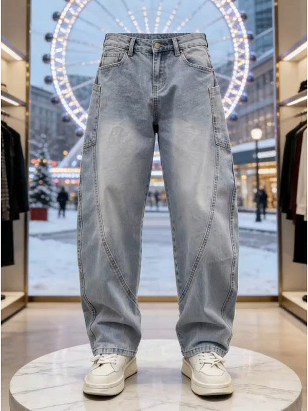 [WHOLESALE ONLY - CONTACT TO ORDER] Men's Heavyweight 100% Cotton Loose Fit Spiral Seam Wide-Leg Jeans (Light Bleach Wash) [AW-482]