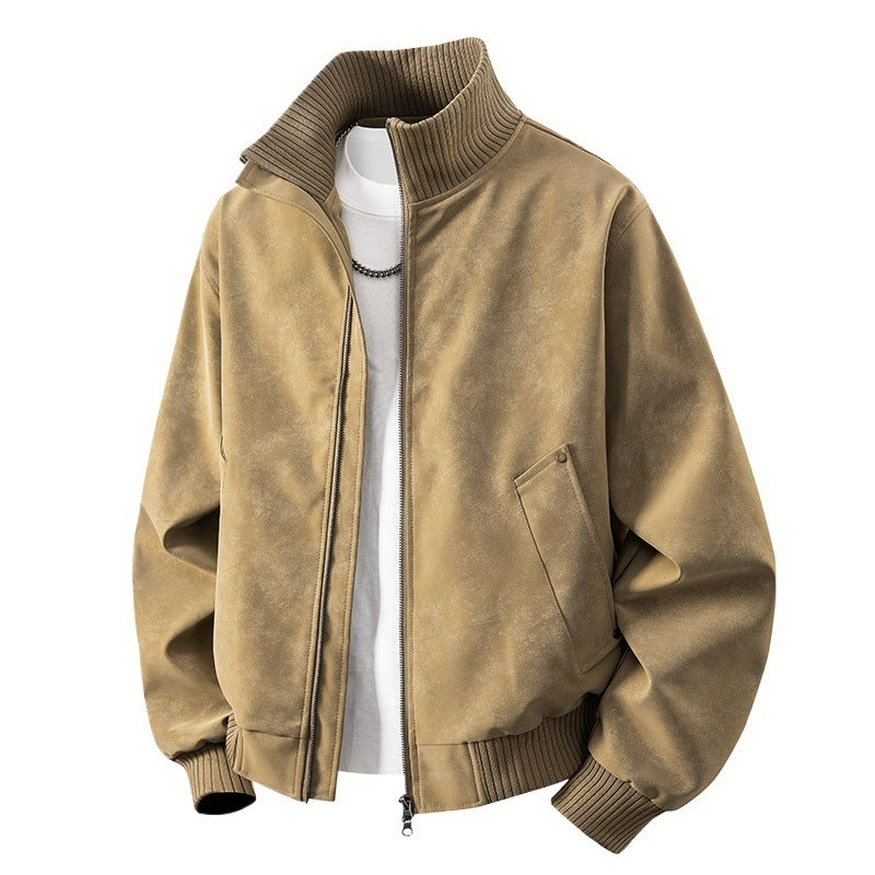 [WHOLESALE ONLY - CONTACT TO ORDER] Men's Vintage Distressed Faux Suede Stand Collar Bomber Jacket with Double Zipper & Riveted Pockets [AW-250]
