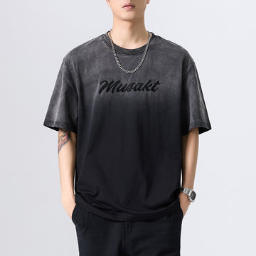 [WHOLESALE ONLY - CONTACT TO ORDER] Men's Heavyweight 100% Cotton Oversized Acid Wash Gradient Short Sleeve T-Shirt with Embroidered Script (Washed Charcoal Black) [AW-468]