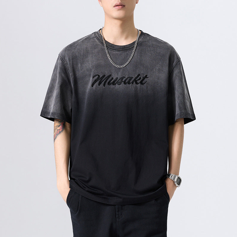 [WHOLESALE ONLY - CONTACT TO ORDER] Men's Heavyweight 100% Cotton Oversized Acid Wash Gradient Short Sleeve T-Shirt with Embroidered Script (Washed Charcoal Black) [AW-468]