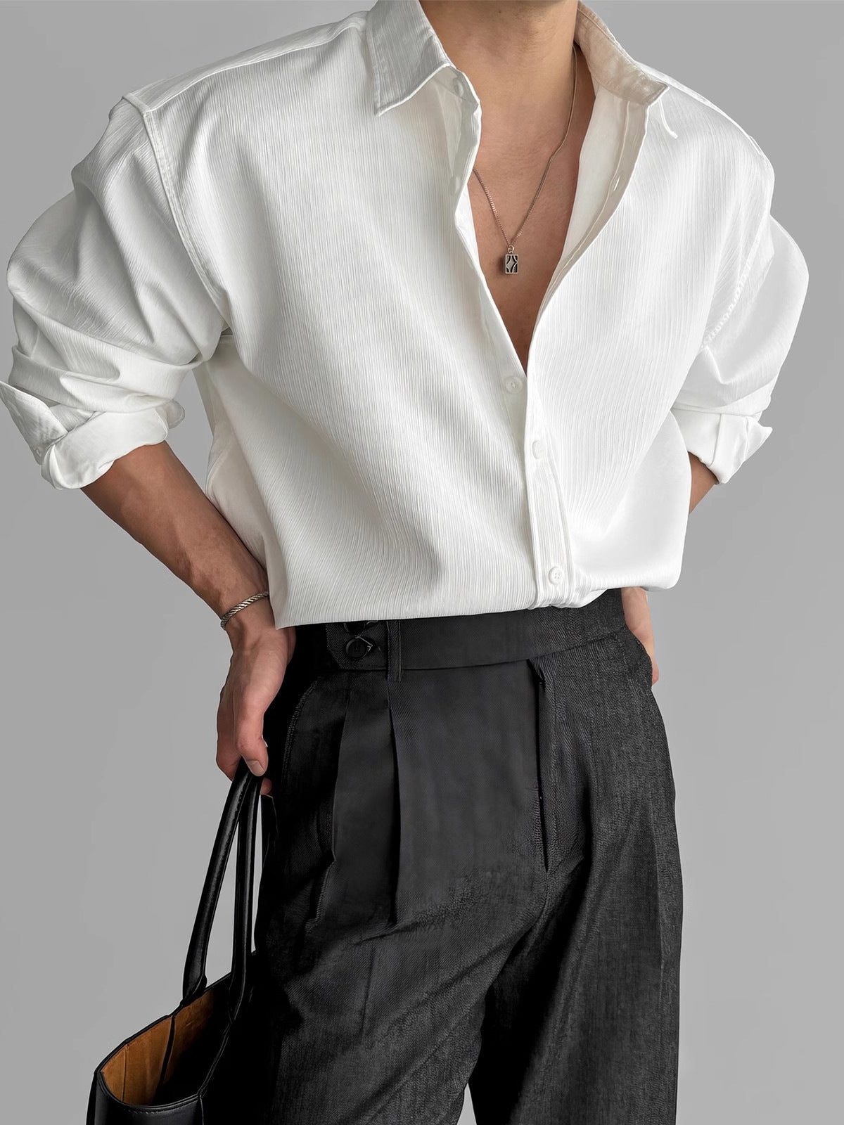 [WHOLESALE ONLY - CONTACT TO ORDER] Men's Korean Clean Fit Relaxed Textured Plissé Long Sleeve Button-Up Shirt (Optical White) [AW-314]