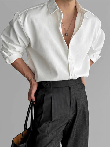 [WHOLESALE ONLY - CONTACT TO ORDER] Men's Korean Clean Fit Relaxed Textured Plissé Long Sleeve Button-Up Shirt (Optical White) [AW-314]