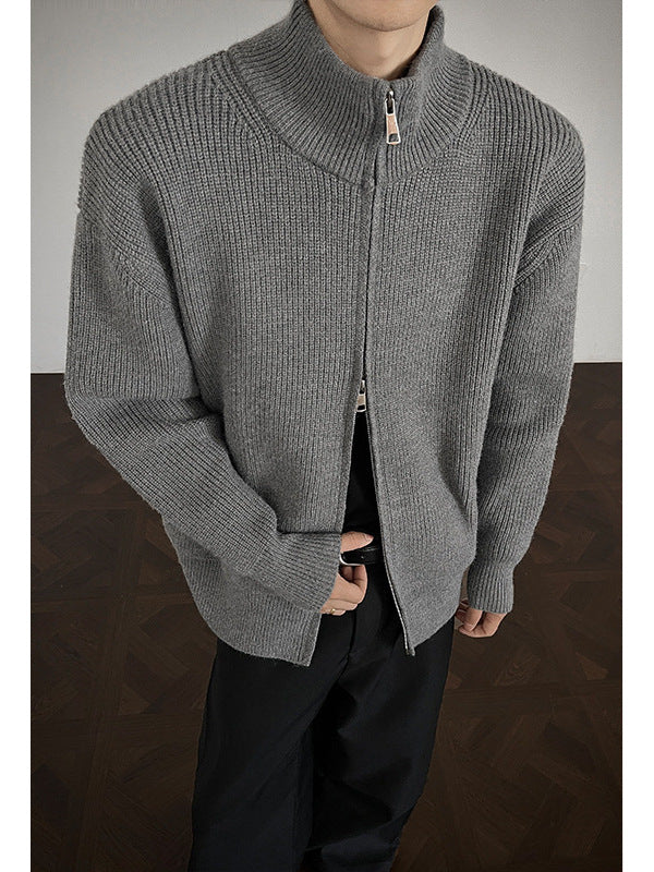 [WHOLESALE ONLY - CONTACT TO ORDER] Unisex Relaxed Fit Heavyweight Chunky Rib-Knit Mock Neck Two-Way Zip Cardigan Jacket (Medium Grey) [AW-297]