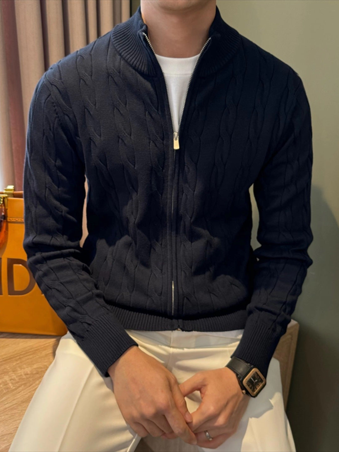 [WHOLESALE ONLY - CONTACT TO ORDER] Men's Cotton Blend Heavyweight Cable-Knit Full-Zip Mock Neck Cardigan Sweater (Midnight Navy) [AW-492]