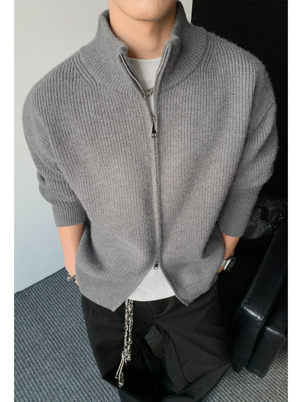 [WHOLESALE ONLY - CONTACT TO ORDER] Unisex Heavyweight 65% Cotton Ribbed Stand Collar Two-Way Zip Knit Cardigan Sweater (Foggy Blue-Grey) [AW-374]