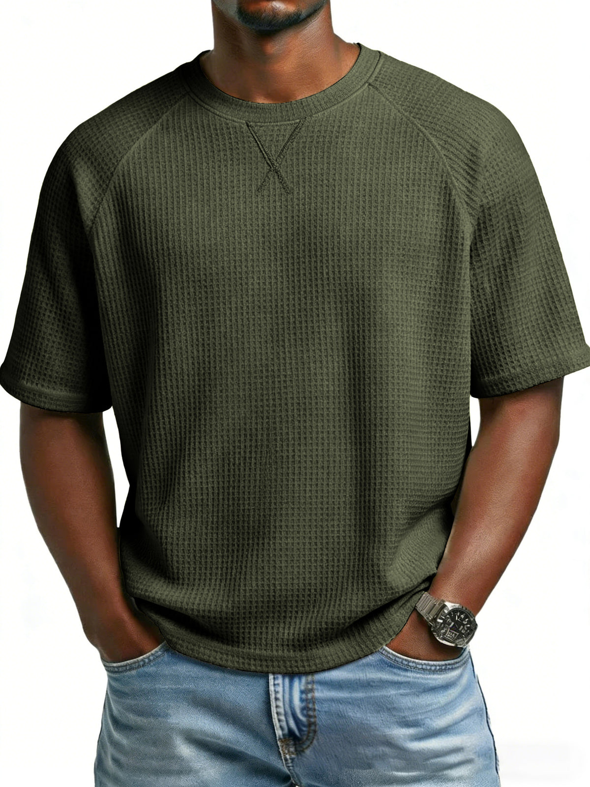 [WHOLESALE ONLY - CONTACT TO ORDER] Men's Heavyweight Cotton Waffle Knit Raglan Short Sleeve T-Shirt with V-Stitch Collar[AW-129]