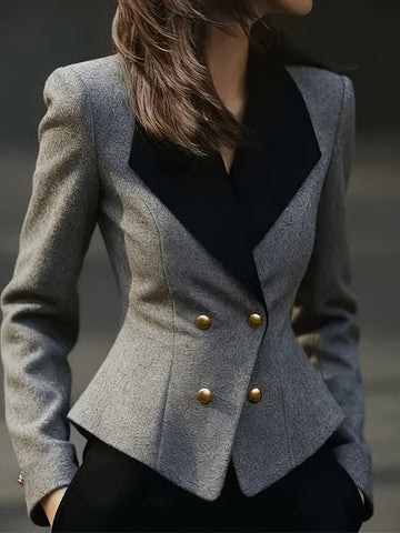 [WHOLESALE ONLY - CONTACT TO ORDER] Women's Heavyweight 70% Cotton Contrast Lapel Hourglass Peplum Blazer Jacket (Heather Grey) [AW-361]