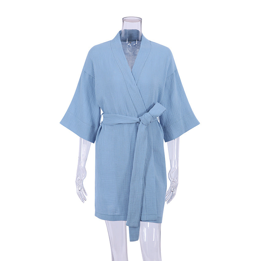 [WHOLESALE ONLY - CONTACT TO ORDER] Women's Cotton Blend Double-Gauze 3/4-Sleeve Short Kimono Robe (Slate Blue) [AW-565]