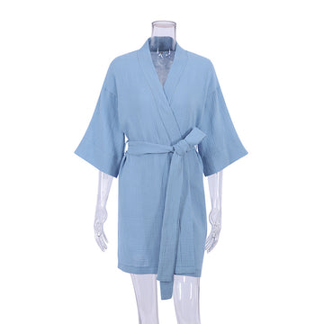 [WHOLESALE ONLY - CONTACT TO ORDER] Women's Cotton Blend Double-Gauze 3/4-Sleeve Short Kimono Robe (Slate Blue) [AW-565]