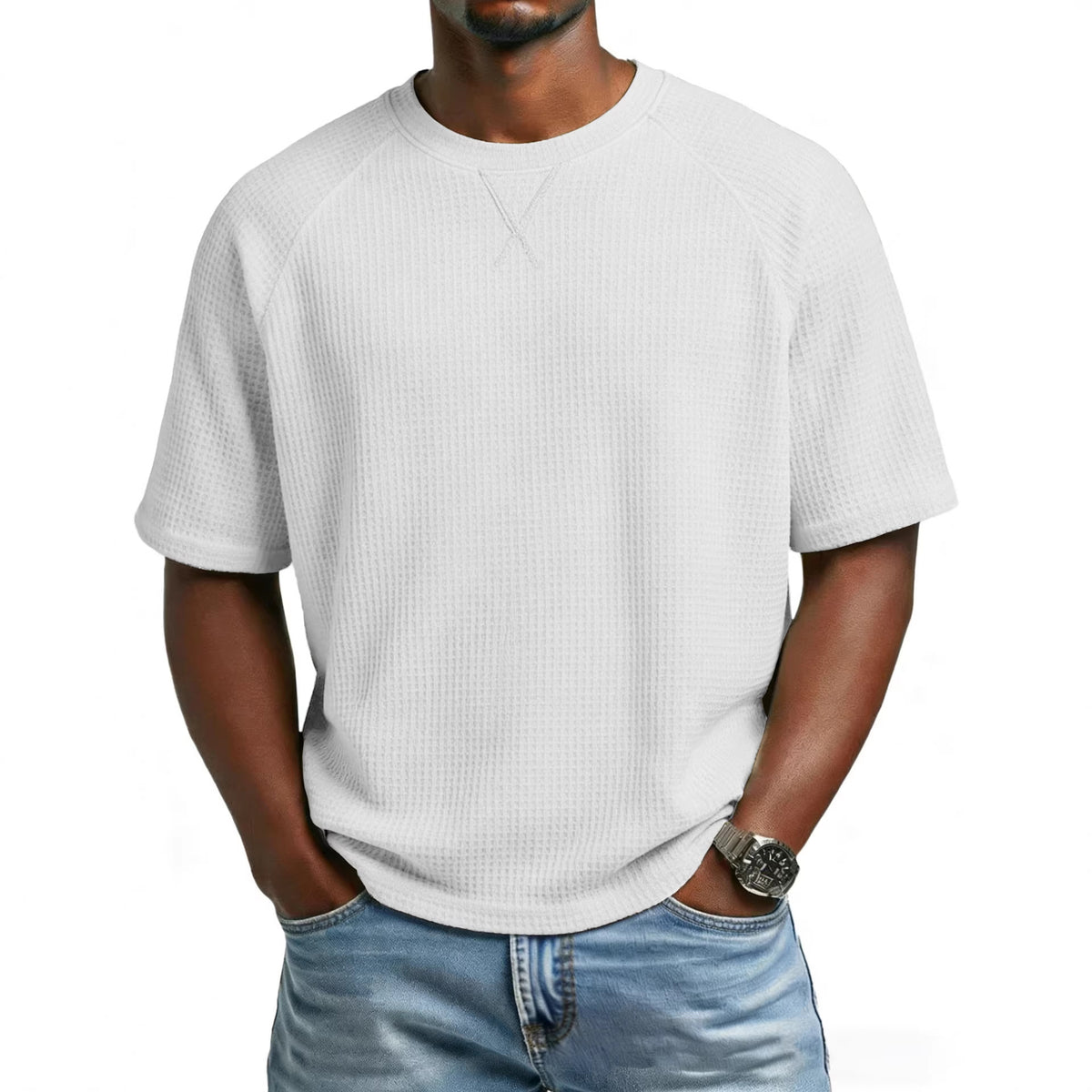 [WHOLESALE ONLY - CONTACT TO ORDER] Men's Heavyweight Cotton Waffle Knit Raglan Short Sleeve T-Shirt with V-Stitch Collar[AW-129]