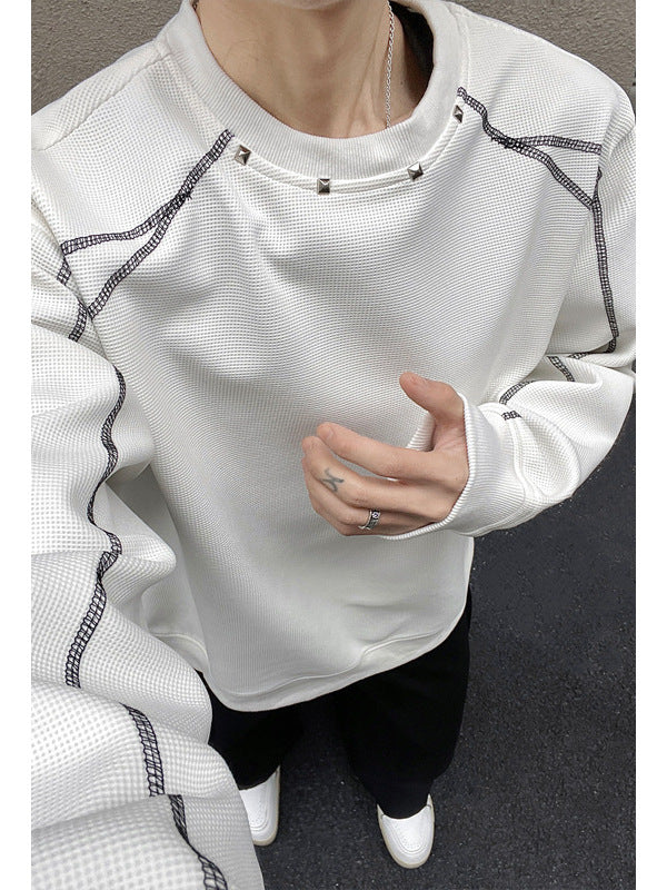 [WHOLESALE ONLY - CONTACT TO ORDER] Unisex Heavyweight 70% Cotton Contrast Topstitch Studded Waffle-Knit Crewneck Sweatshirt (Optic White) [AW-380]