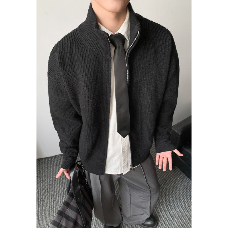 [WHOLESALE ONLY - CONTACT TO ORDER] Men's Korean Clean Fit Heavyweight Chunky Ribbed Knit Two-Way Double-Zipper High Stand Collar Cardigan Sweater (Obsidian Black) [AW-336]