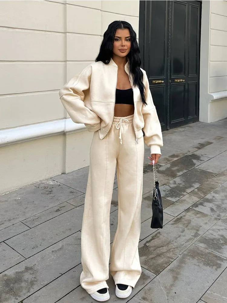 [WHOLESALE ONLY - CONTACT TO ORDER] Women's Heavyweight Cotton Blend Scuba Zip-Up Bomber Jacket and Wide-Leg Sweatpants Two-Piece Set (Cream White) [AW-457]