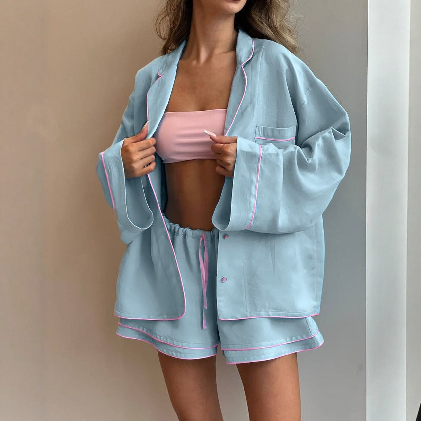 [WHOLESALE ONLY - CONTACT TO ORDER] Women's Cotton Blend 2-Piece Oversized Notch-Lapel Shirt & Double-Hem Shorts Pajama Set (Pastel Blue/Pink) [AW-548]
