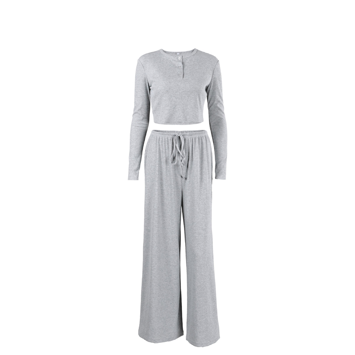 [WHOLESALE ONLY - CONTACT TO ORDER] Women's Cotton Blend 2-Piece Ribbed Henley Crop Top & Drawstring Wide-Leg Pants Lounge Set (Heather Grey) [AW-568]