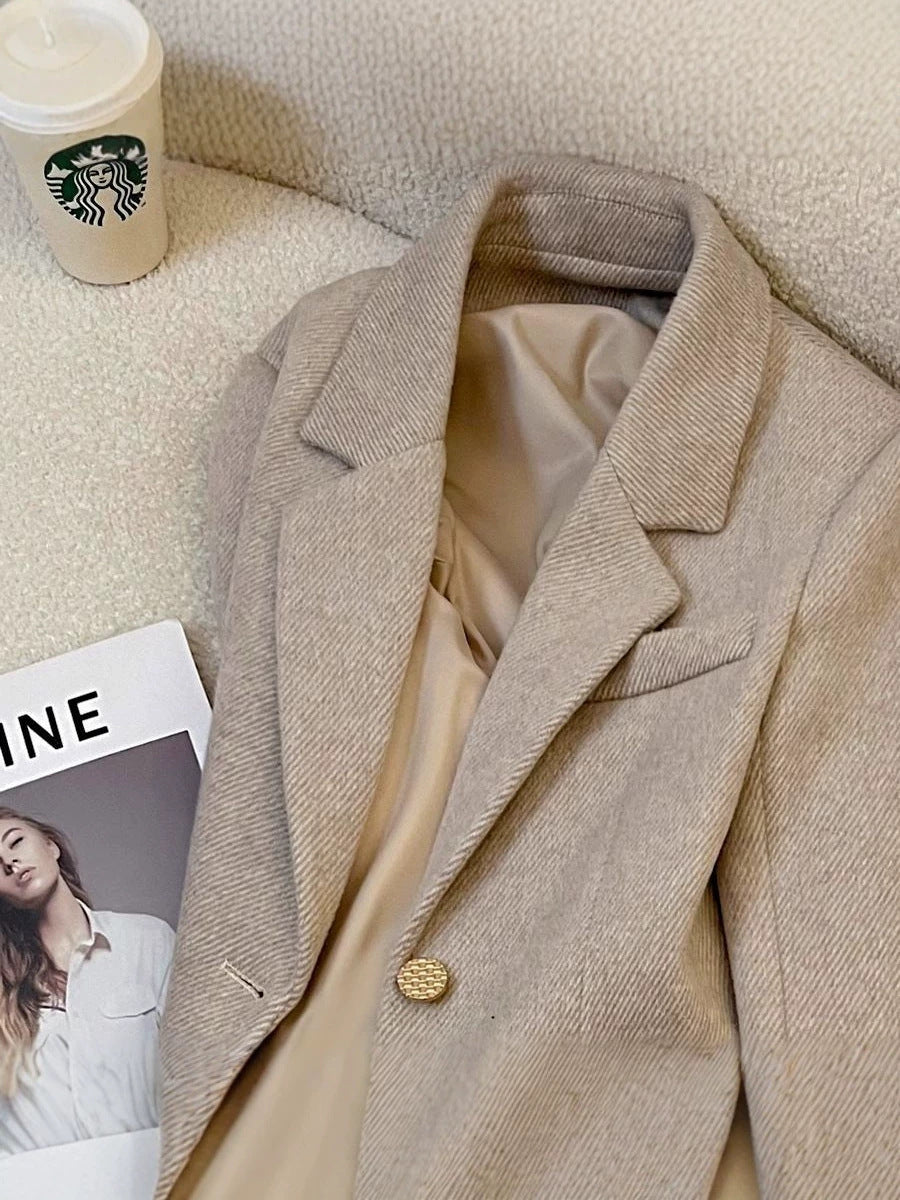 [WHOLESALE ONLY - CONTACT TO ORDER] Women's Korean Old Money Herringbone Tweed Wool Blend Tailored Blazer Jacket (Light Oatmeal Melange) [AW-318]