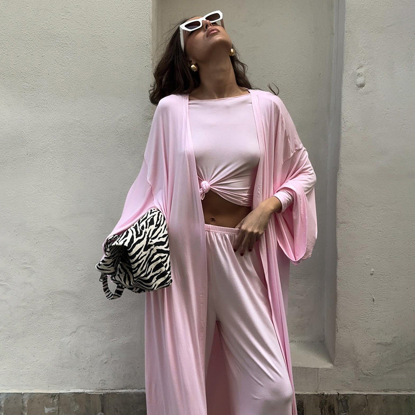[WHOLESALE ONLY - CONTACT TO ORDER] Women's Cotton Blend 3-Piece Ultra-Soft Maxi Duster Robe, Top & Wide-Leg Pants Lounge Set (Pastel Pink) [AW-555]