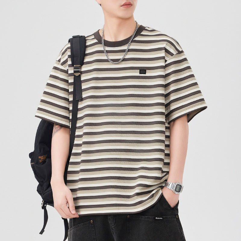 [WHOLESALE ONLY - CONTACT TO ORDER] Unisex Relaxed Fit Heavyweight 100% Combed Cotton Yarn-Dyed Striped Short Sleeve T-Shirt (Earth Brown & Khaki) [AW-287]