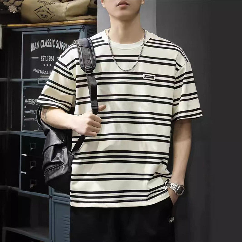[WHOLESALE ONLY - CONTACT TO ORDER] Men's Heavyweight 100% Cotton Oversized Striped Short Sleeve T-Shirt with Chest Patch (Off-White Black Stripe) [AW-467]