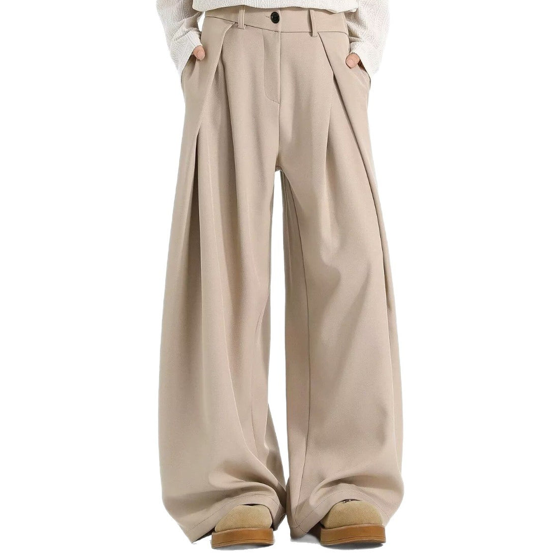 [WHOLESALE ONLY - CONTACT TO ORDER] Men's High-Waisted Deep Pleated Wide-Leg Drape Trousers (Oatmeal Khaki / Cream Beige) [AW-418]