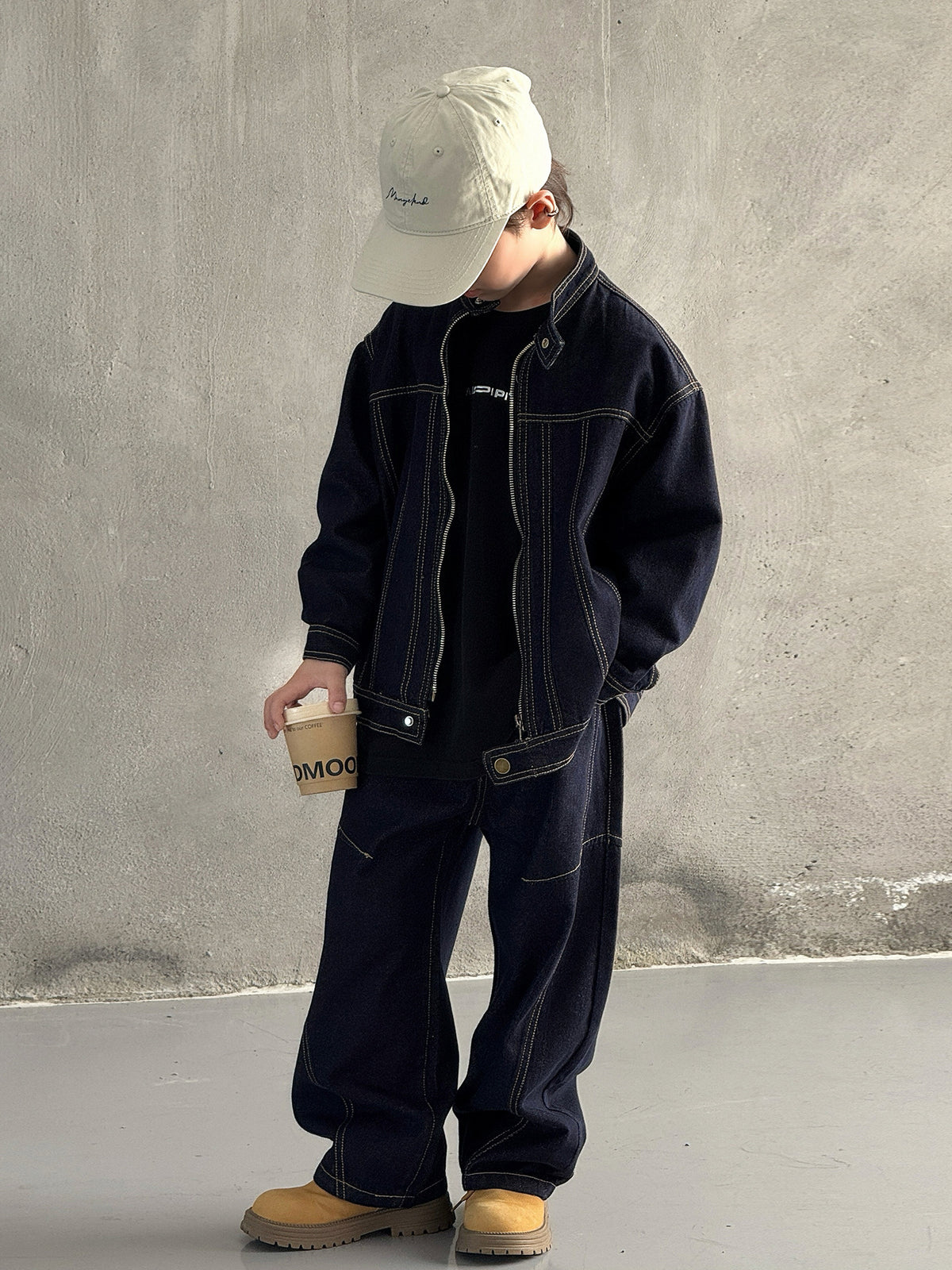 [WHOLESALE ONLY - CONTACT TO ORDER] Boys Heavyweight Cotton Baggy Wide-Leg Contrast Stitch Denim Jeans (Raw Indigo Blue) [KW-257]