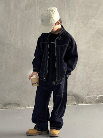 [WHOLESALE ONLY - CONTACT TO ORDER] Boys Heavyweight Cotton Baggy Wide-Leg Contrast Stitch Denim Jeans (Raw Indigo Blue) [KW-257]