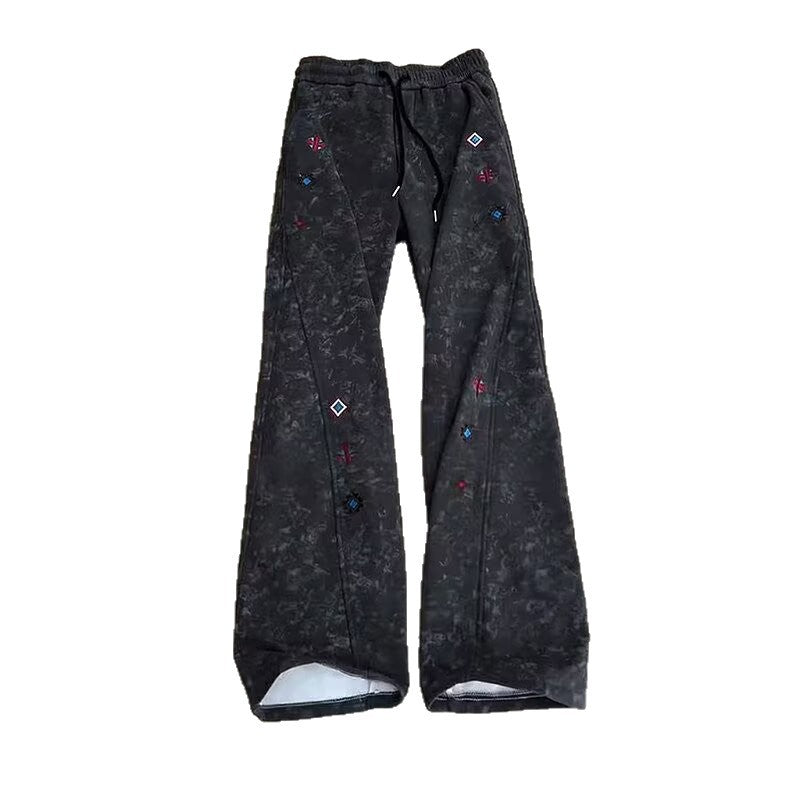 Men’s Flared Sweatpants, Streetwear Style, Tie-Dye Embroidery, Curved Leg Joggers, Spring Casual Pants[NA-017]