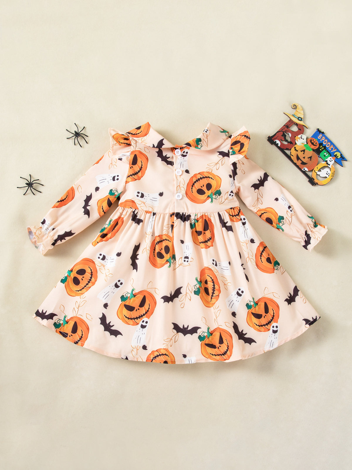[WHOLESALE ONLY - CONTACT TO ORDER] Toddler Girls Premium 95% Cotton Halloween Peter Pan Collar Ruffle Long Sleeve Dress (Beige Pumpkin Print) [KW-216]