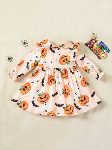 [WHOLESALE ONLY - CONTACT TO ORDER] Toddler Girls Premium 95% Cotton Halloween Peter Pan Collar Ruffle Long Sleeve Dress (Beige Pumpkin Print) [KW-216]
