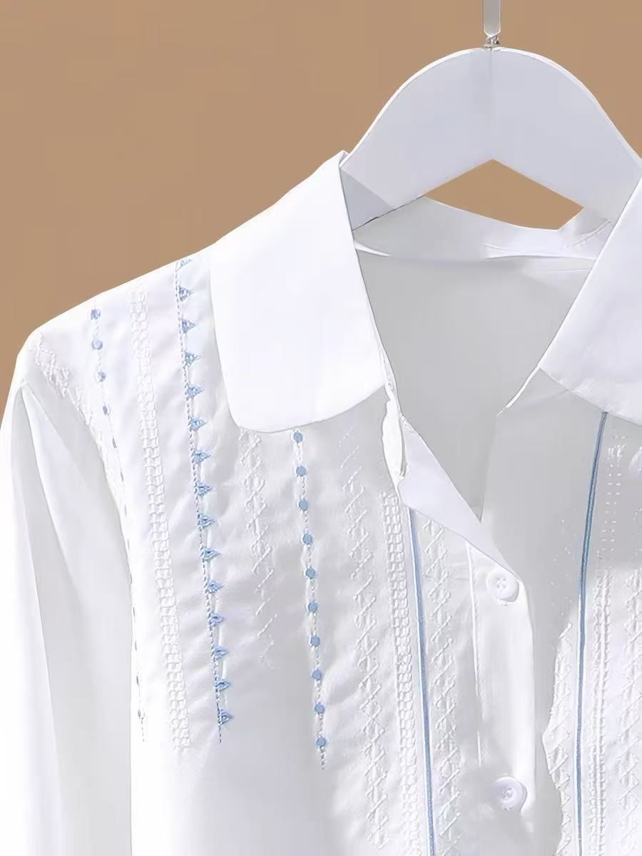 [WHOLESALE ONLY - CONTACT TO ORDER] Women's 75% Combed Cotton Embroidered Peter Pan Collar Long Sleeve Poplin Blouse Shirt (Optic White & Blue) [AW-411]