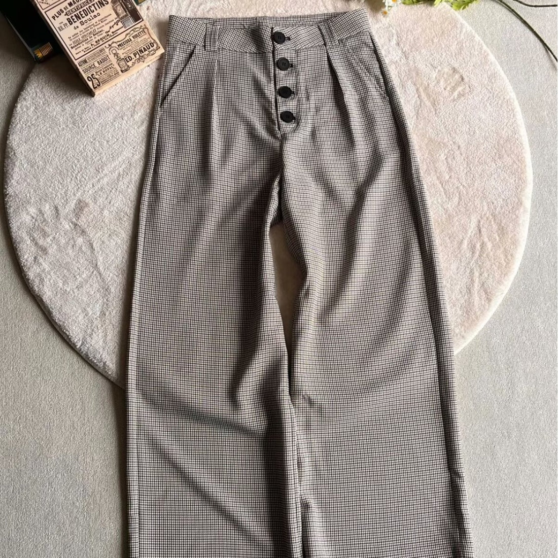 [WHOLESALE ONLY - CONTACT TO ORDER] Unisex High-Waisted Vintage Plaid Button-Fly Wide-Leg Drape Trousers (Beige Micro-Houndstooth) [AW-421]