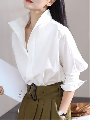 [WHOLESALE ONLY - CONTACT TO ORDER] Women's 75% Combed Cotton Architectural High Stand Collar V-Neck Popover Blouse Shirt (Optic White) [AW-410]