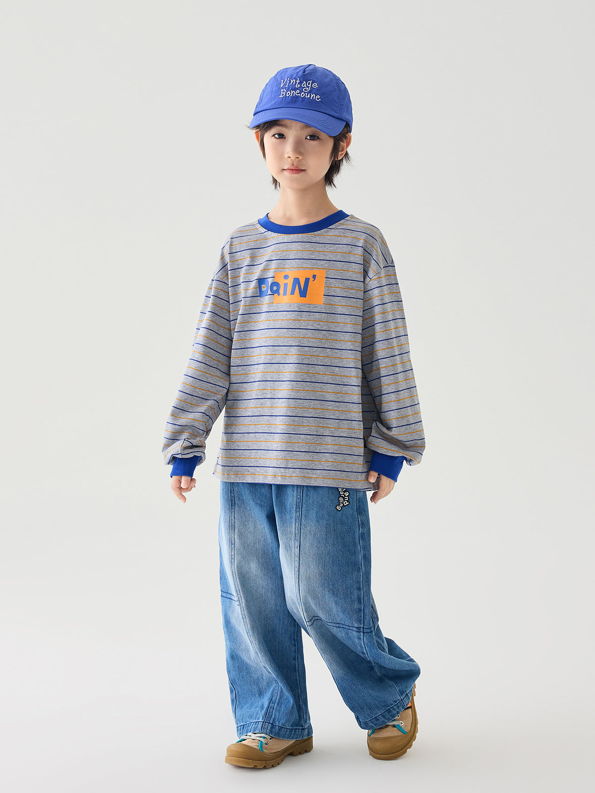 [WHOLESALE ONLY - CONTACT TO ORDER] Kids Unisex Retro Drop-Shoulder 100% Combed Cotton Striped Long Sleeve T-Shirt with Graphic Prints (Heather Grey / Cobalt Blue) [KW-197]