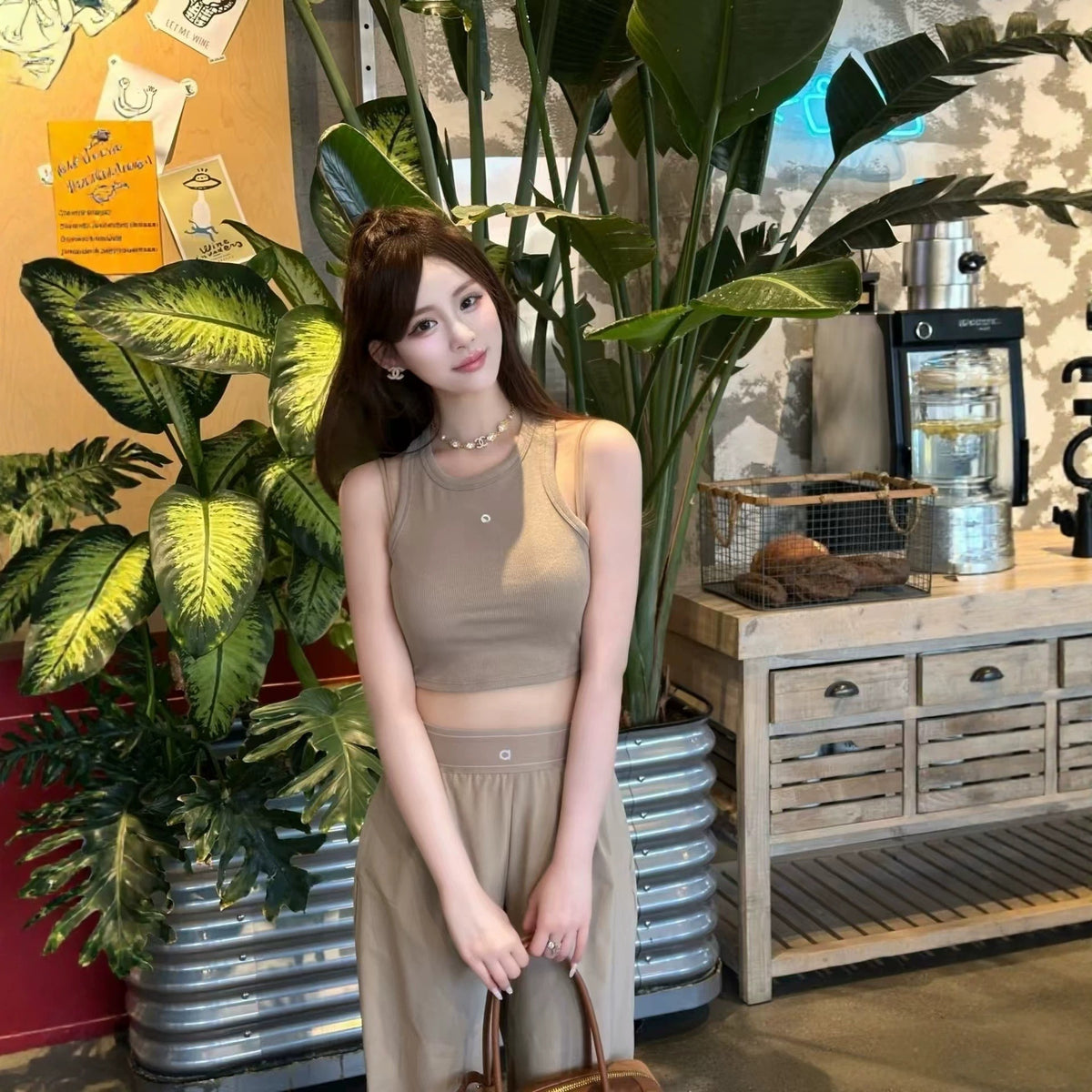 [WHOLESALE ONLY - CONTACT TO ORDER] Women's High-Waisted Wide-Leg Cotton Poplin Trousers (Khaki Taupe) - Catalog Display Only (Do Not Order Directly)