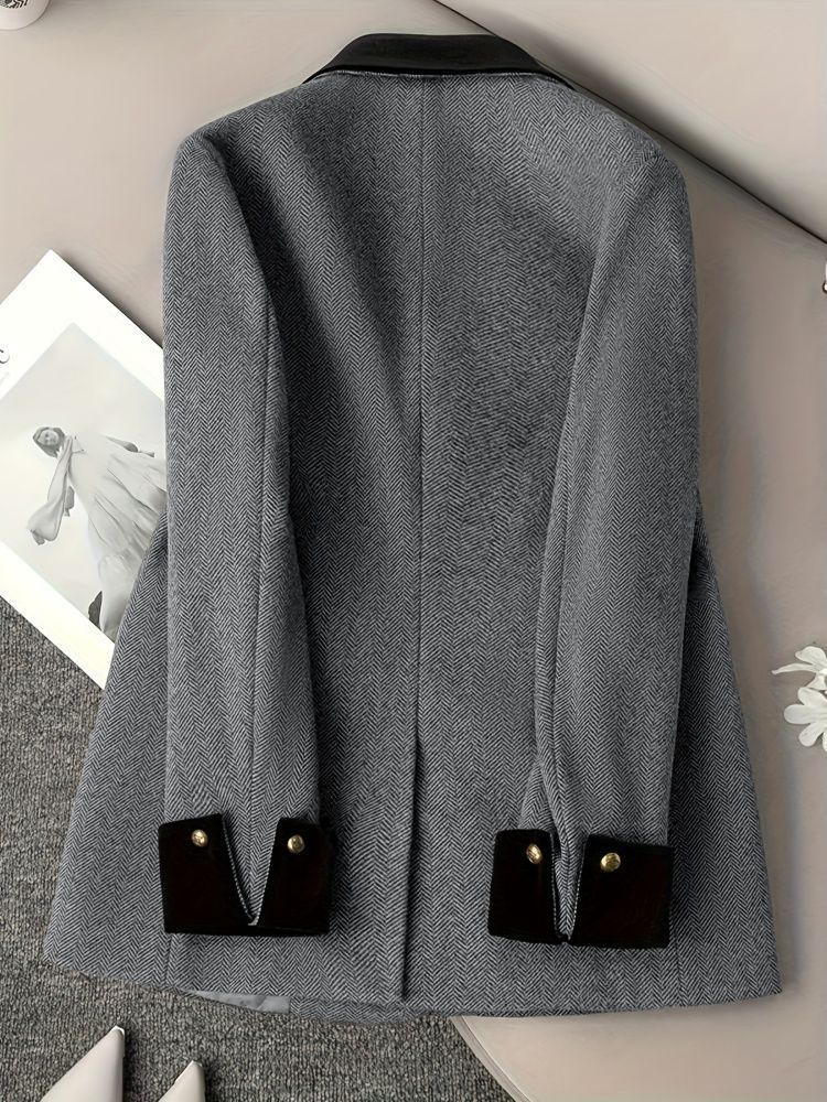 [WHOLESALE ONLY - CONTACT TO ORDER] Women's British Vintage Herringbone Tweed Quilted Wool Blend Blazer with Contrast Velvet Collar (Charcoal Grey) [AW-321]