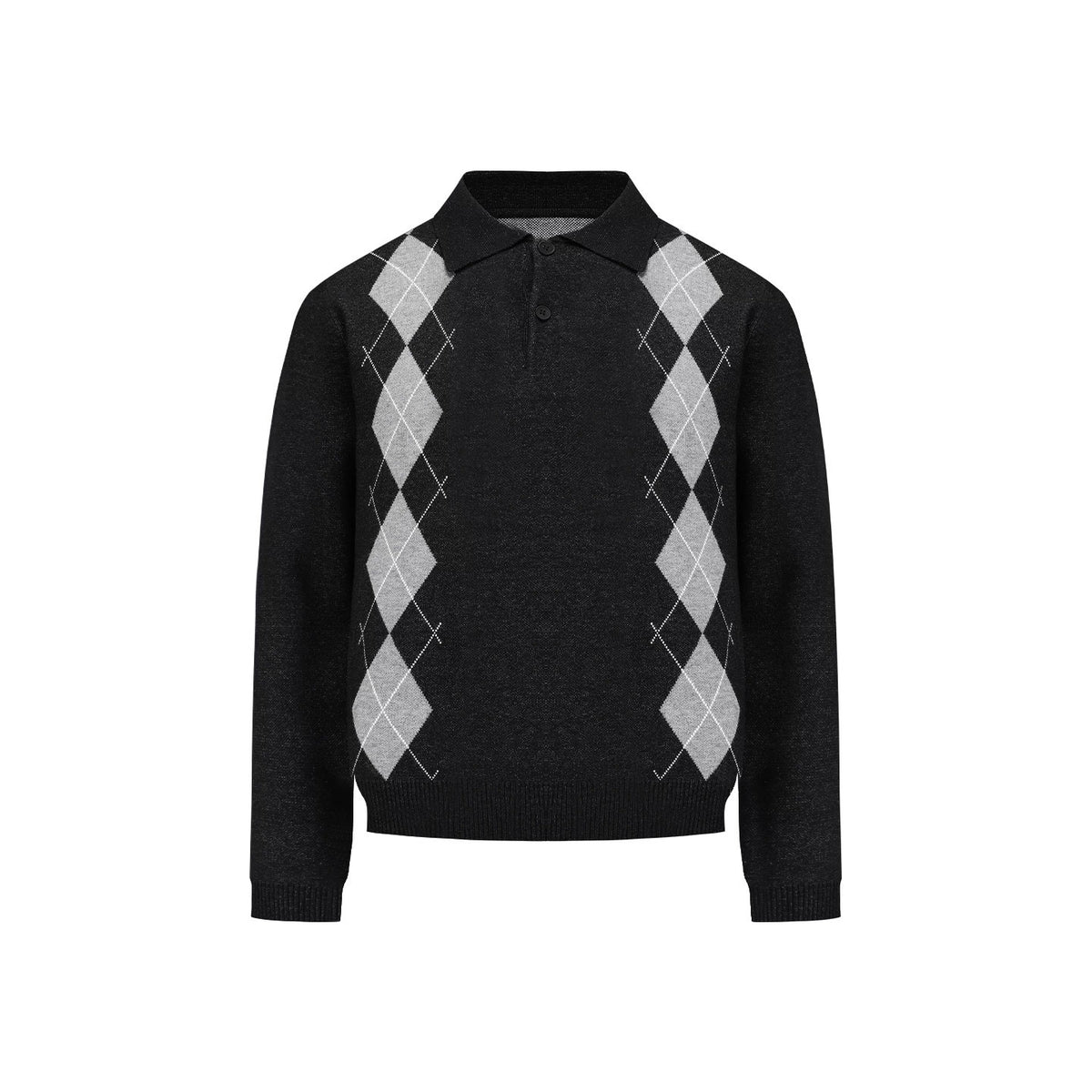 [WHOLESALE ONLY - CONTACT TO ORDER] Unisex Cotton Blend Vintage Argyle Long Sleeve Knit Polo Sweater (Black & Grey) [AW-496]