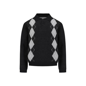 [WHOLESALE ONLY - CONTACT TO ORDER] Unisex Cotton Blend Vintage Argyle Long Sleeve Knit Polo Sweater (Black & Grey) [AW-496]