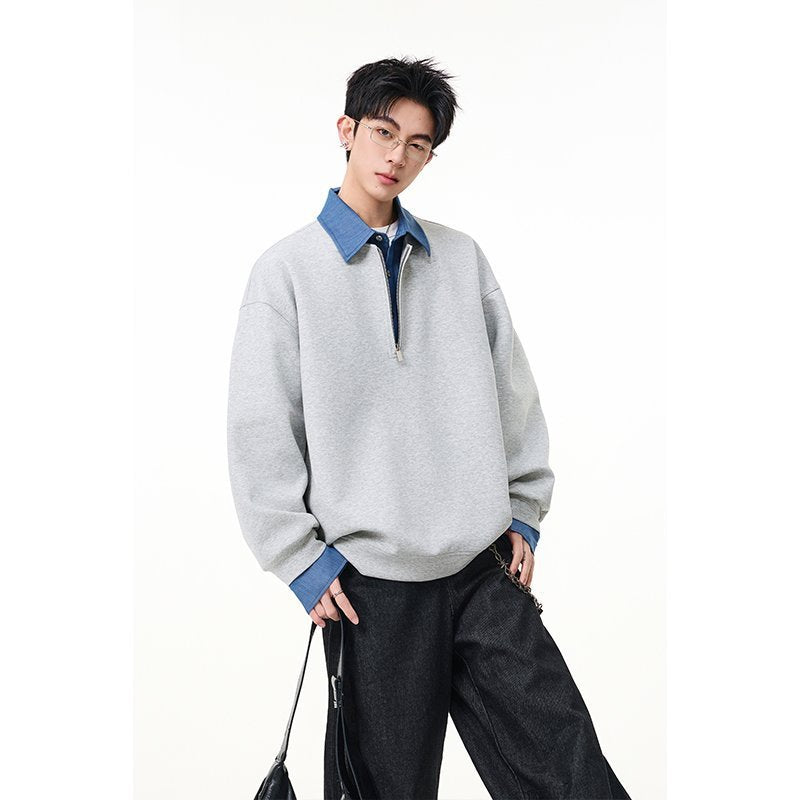 Men’s Half-Zip Sweatshirt with Shirt Layer Detail – Casual Collared Pullover, Relaxed Fit for Fall & Winter[NA-002]