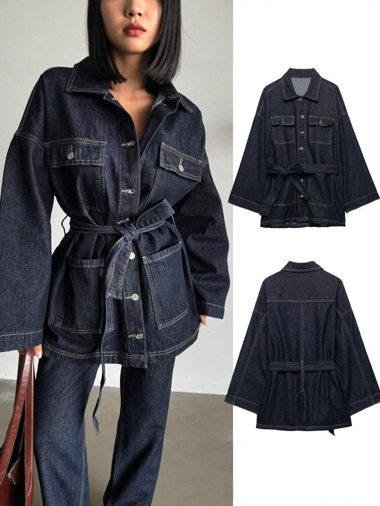 [WHOLESALE ONLY - CONTACT TO ORDER] Women's Heavyweight 100% Cotton Belted Denim Safari Utility Jacket with Wide Sleeves (Raw Indigo) [AW-459]