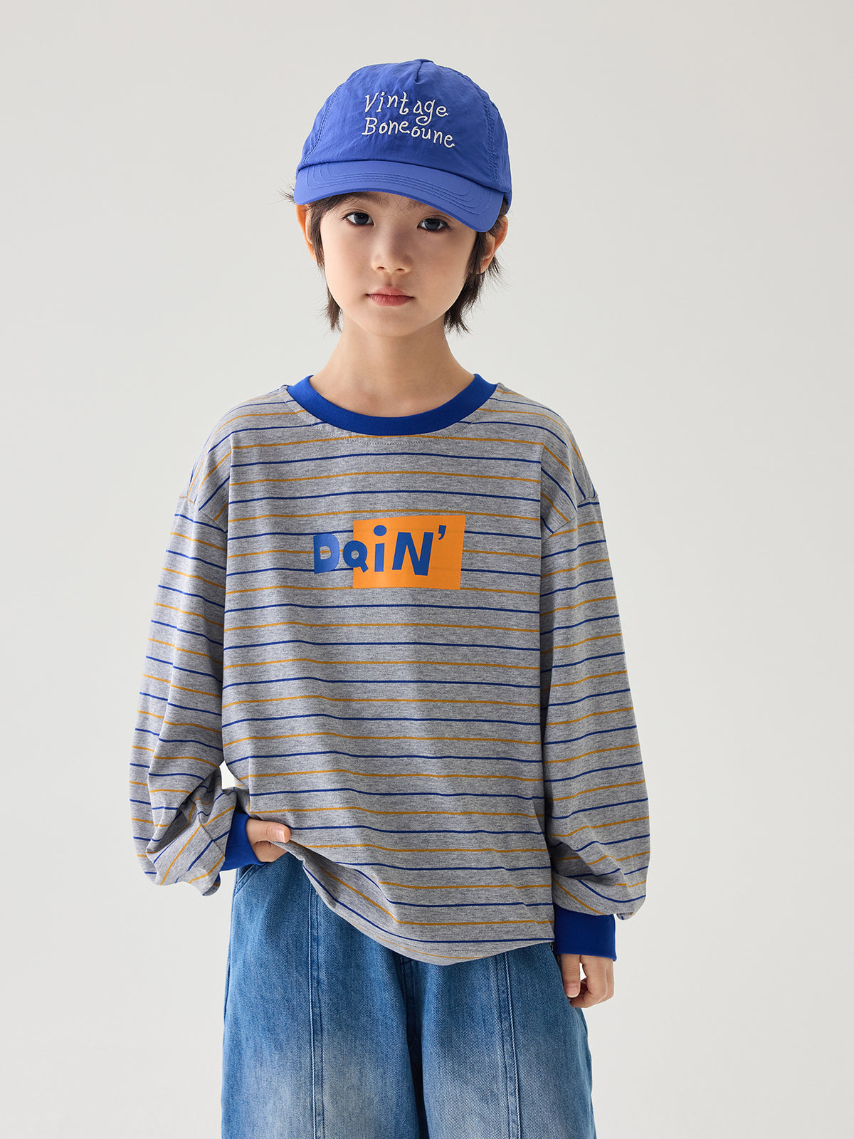 [WHOLESALE ONLY - CONTACT TO ORDER] Kids Unisex Retro Drop-Shoulder 100% Combed Cotton Striped Long Sleeve T-Shirt with Graphic Prints (Heather Grey / Cobalt Blue) [KW-197]