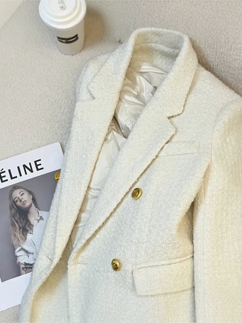 [WHOLESALE ONLY - CONTACT TO ORDER] Women's Elegant Double-Breasted Heavyweight Textured Tweed Blazer Jacket with Gold Buttons (Cream White) [AW-393]
