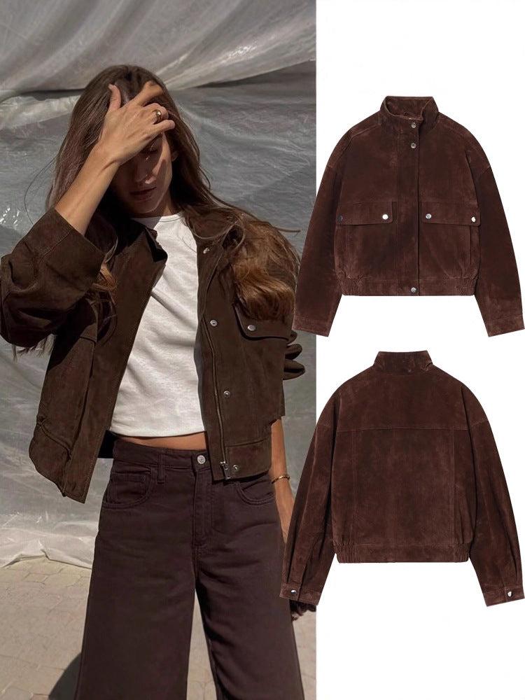 [WHOLESALE ONLY - CONTACT TO ORDER] Women's Cropped Heavyweight Cotton Blend Faux Suede Stand Collar Bomber Jacket with Flap Pockets (Chocolate Brown) [AW-447]