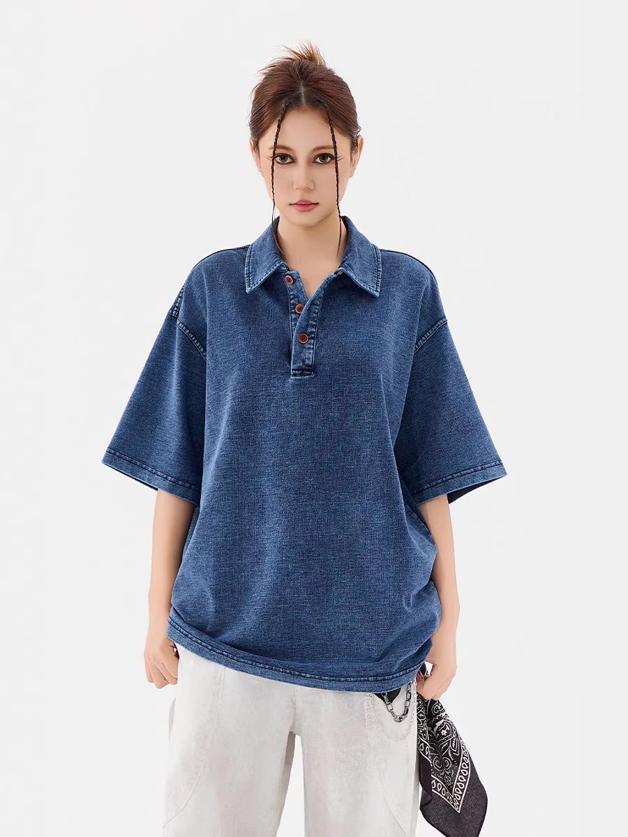 Men’s Heavyweight Washed T-Shirt – Vintage Loose Fit Drop Shoulder with Denim Collar[NA-012]